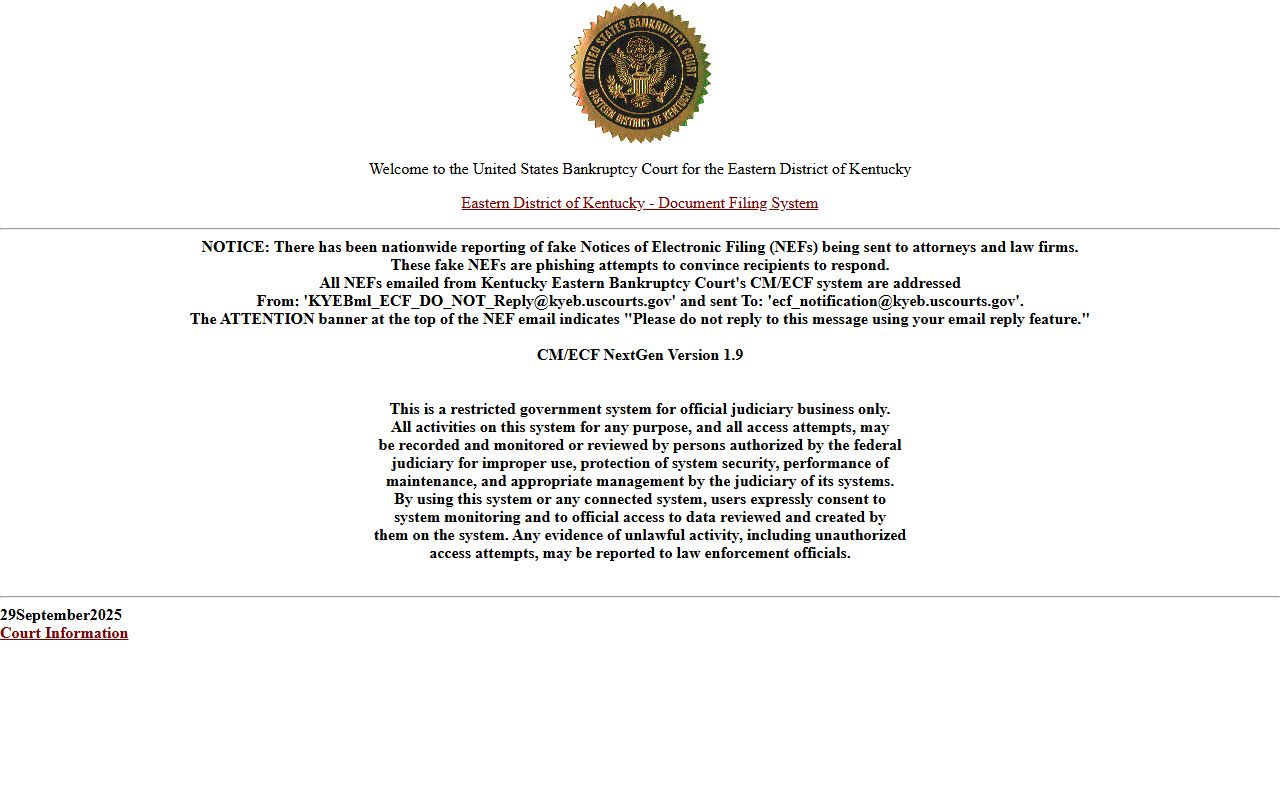 Eastern District of Kentucky bankruptcy CM ECF access screen