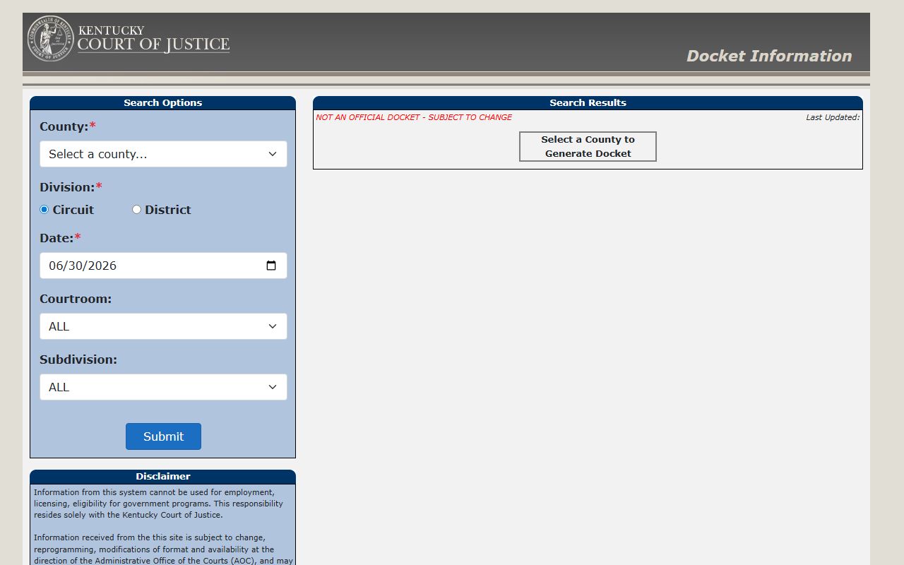 Kentucky public docket search interface