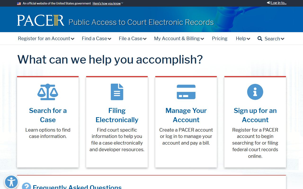 PACER case locator federal court search page
