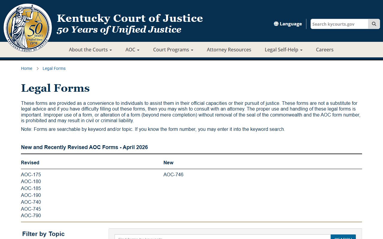 Kentucky Court of Justice legal forms index